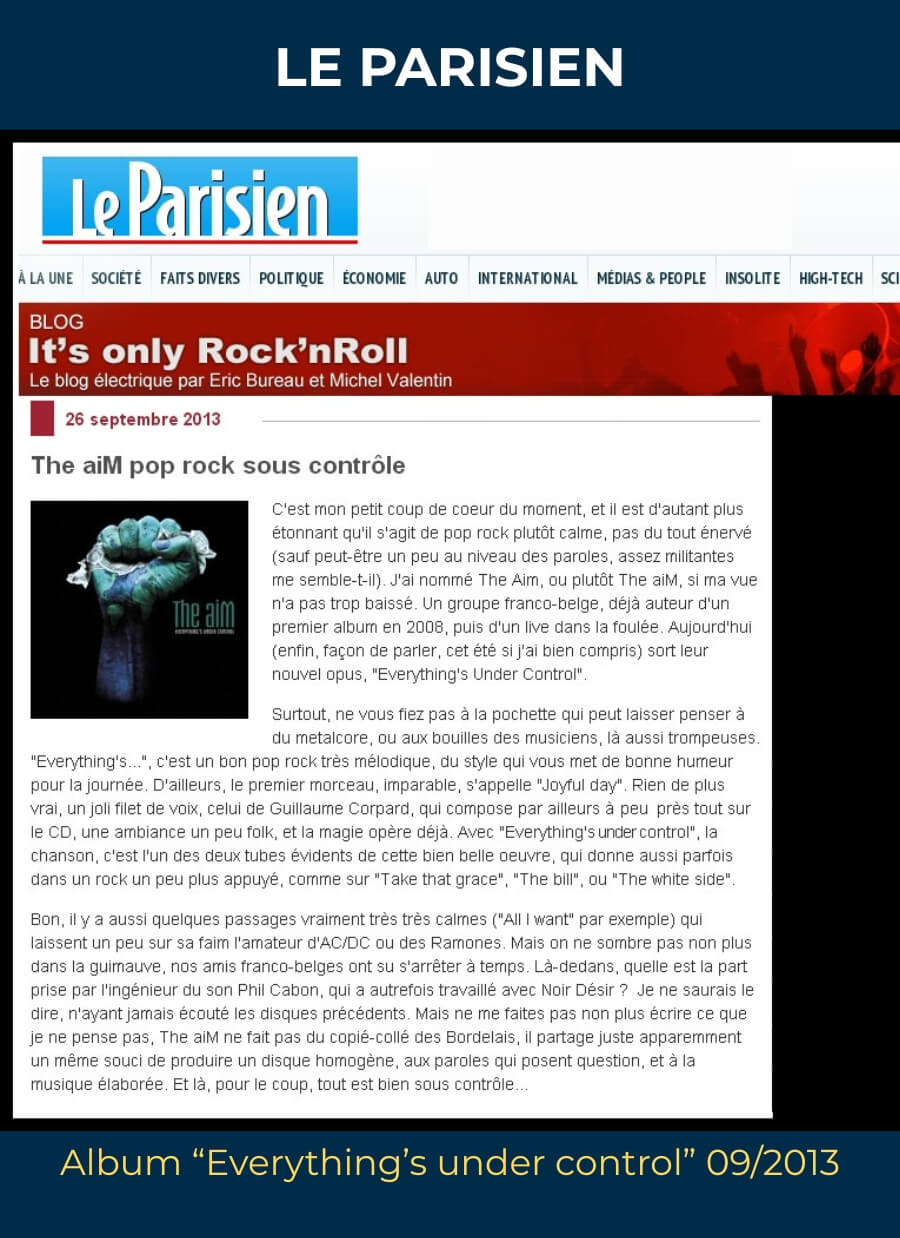 Presse Le Parisien – album Everything’s Under Control – The aiM (Guillaume Corpard)