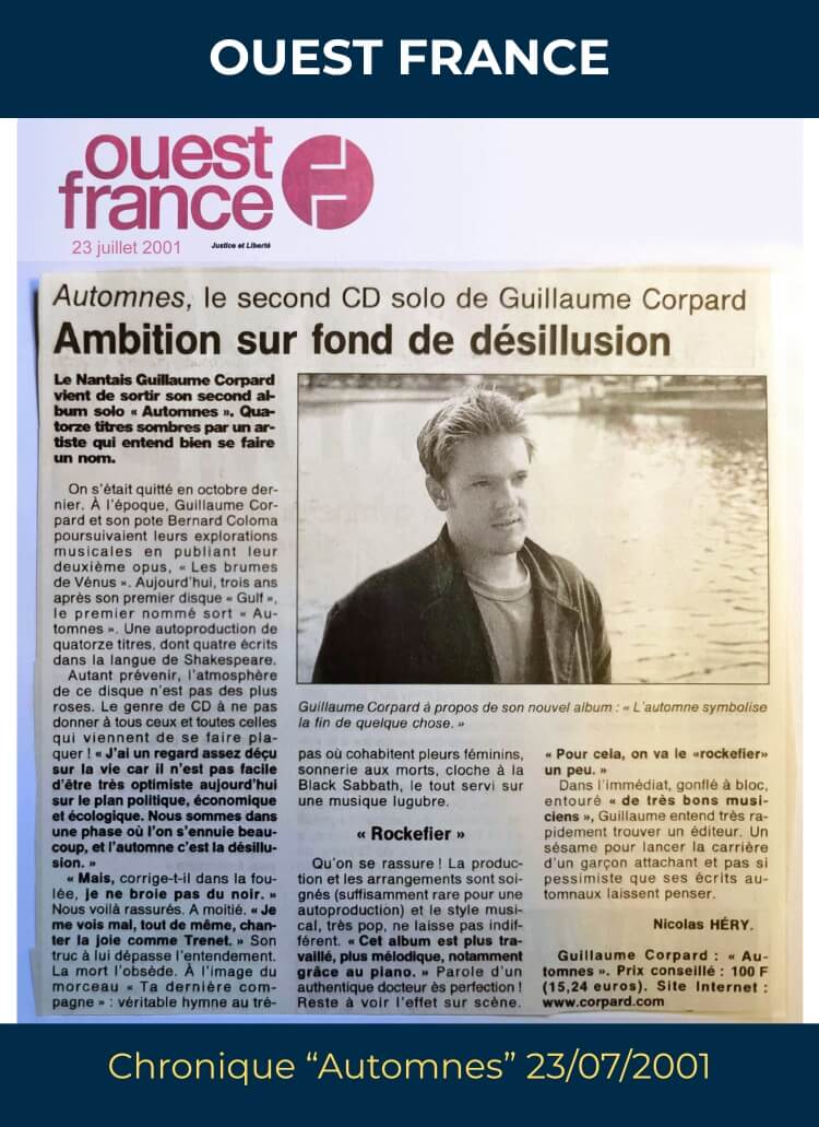 Article Ouest France - Album Automnes de Guillaume Corpard (2001)