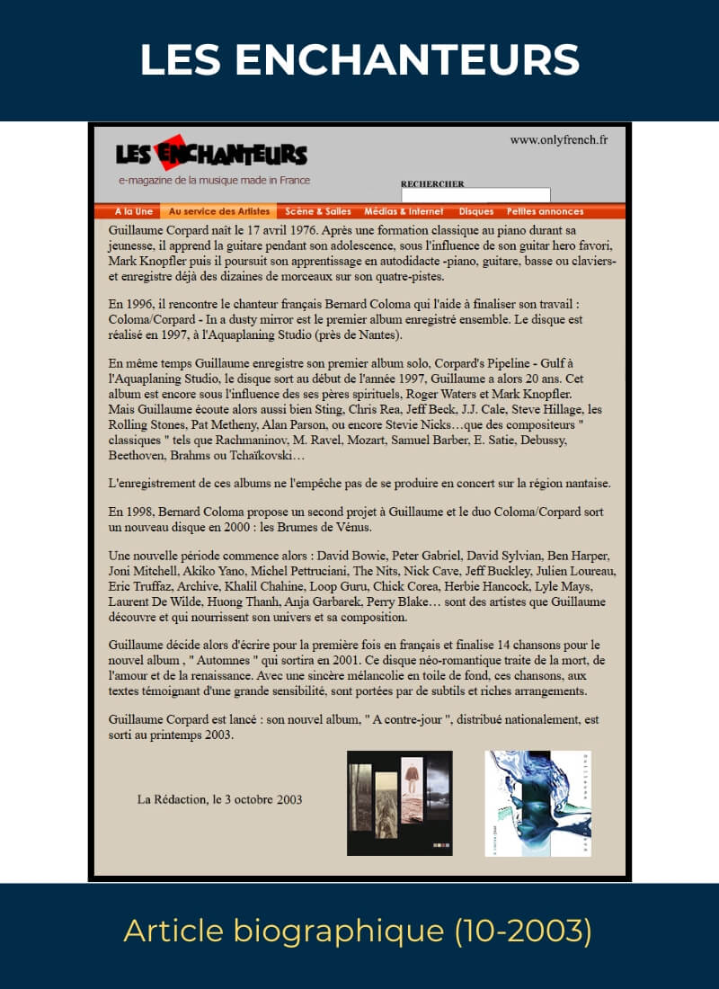 Article Les Enchanteurs - Automnes et A crontre-jour de Guillaume Corpard (2003)