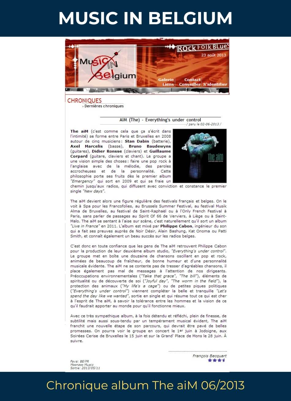 Presse Music in Belgium – album Everything’s Under Control – The aiM (Guillaume Corpard)