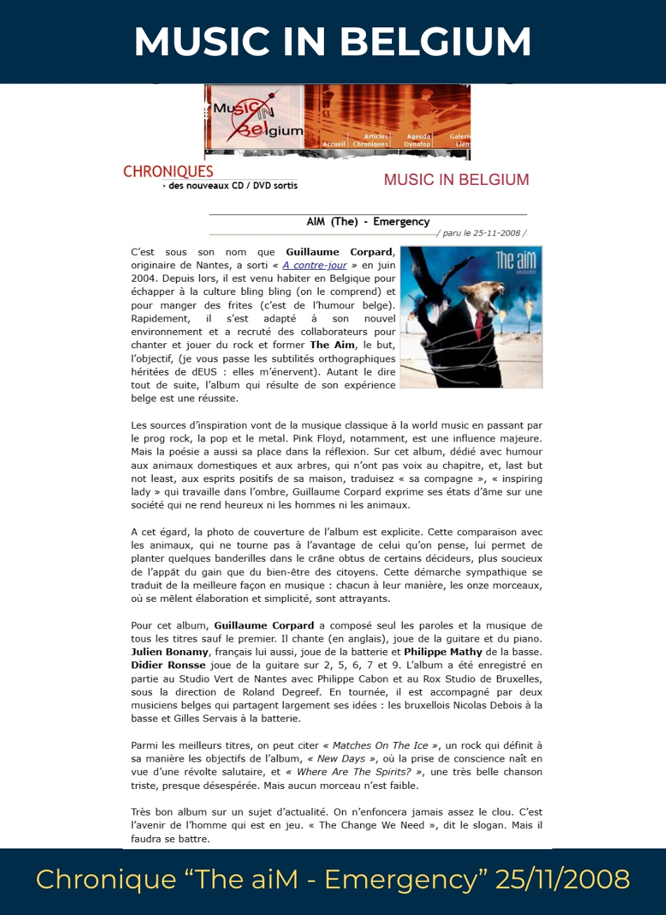 Chronique album Music in Belgium - Emergency de The aiM (Guillaume Corpard)