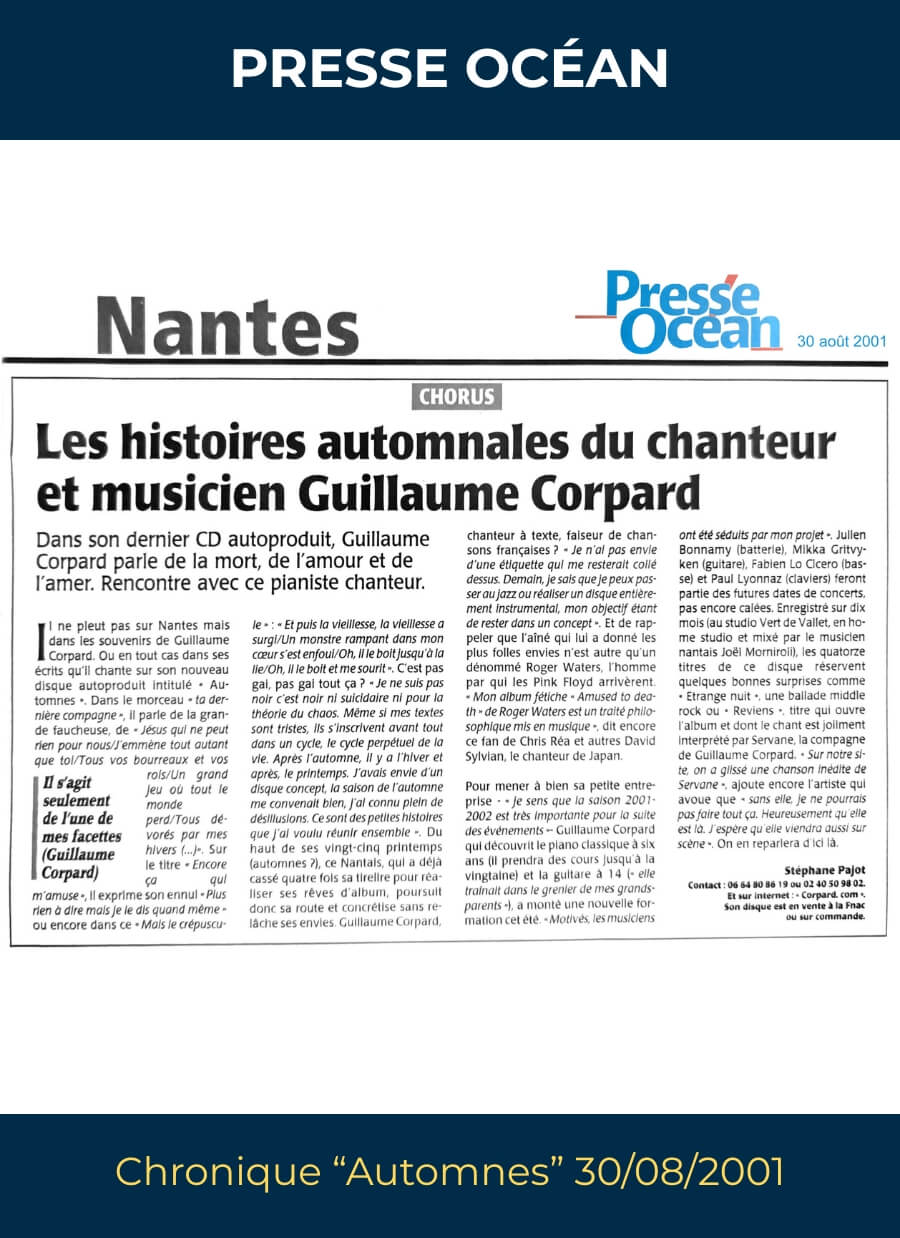 Article Presse Océan - Album Automnes de Guillaume Corpard (2001)