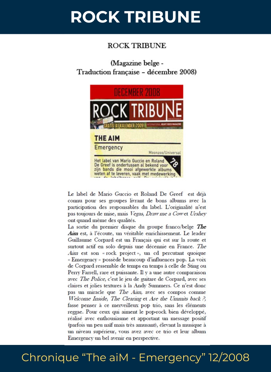 Chronique album Rock Tribune - Emergency de The aiM (Guillaume Corpard)