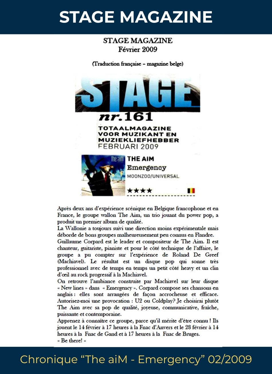 Chronique album Stage Magazine - Emergency de The aiM (Guillaume Corpard)